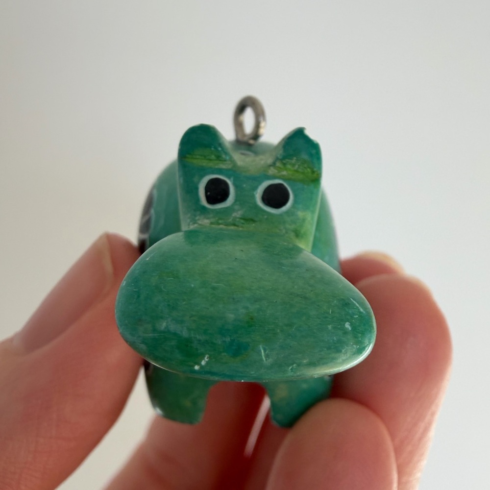 Hand Painted Folk Art Hippo Ornament Keychain – Mini Animal Clay/Ceramic